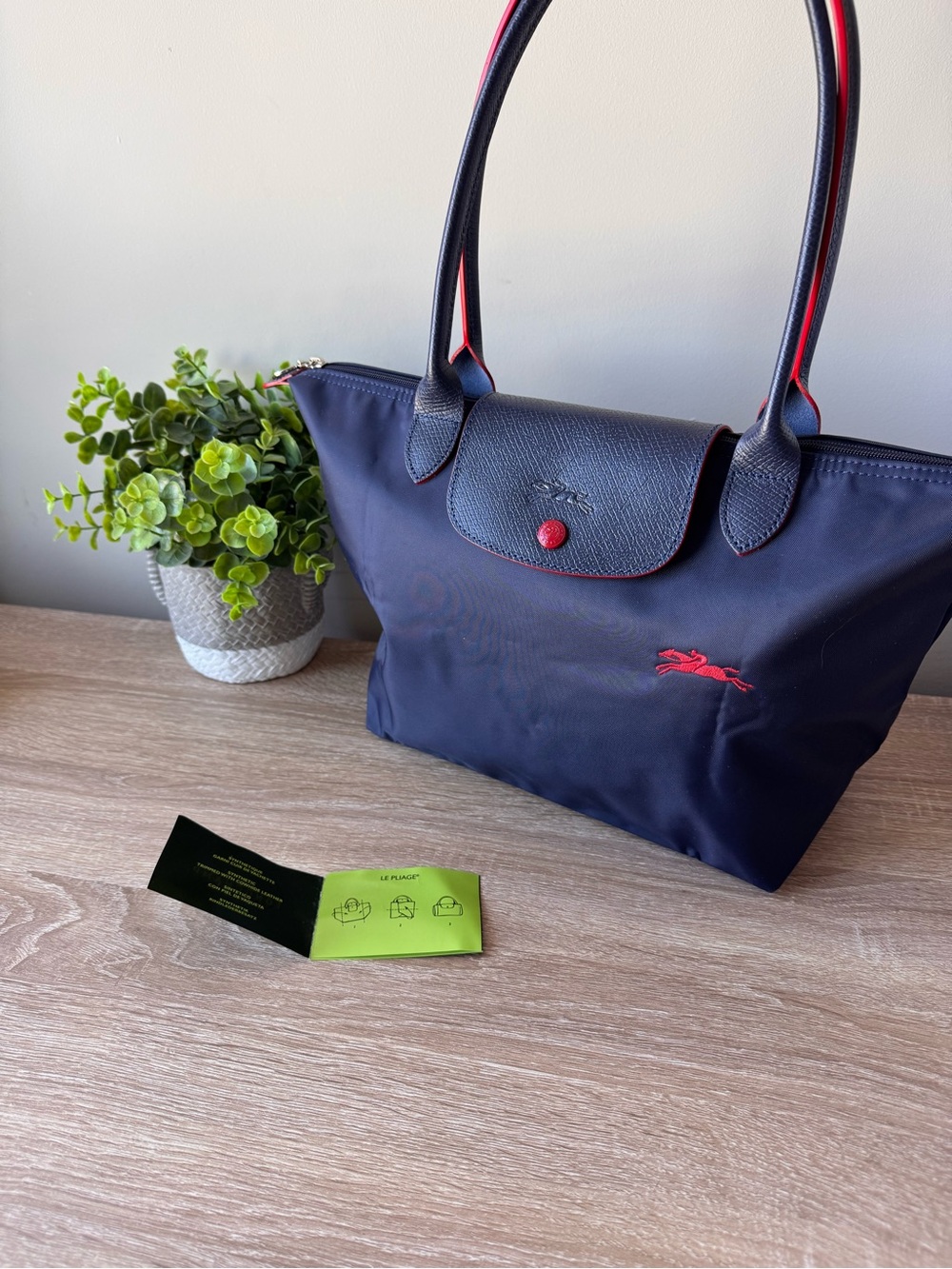 Longchamp Le Pliage Medium Navy Blue Red Trim Zip Shoulder Bag